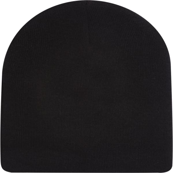 A black classic knit beanie with a fitted design and a smooth texture. It features a branding logo.