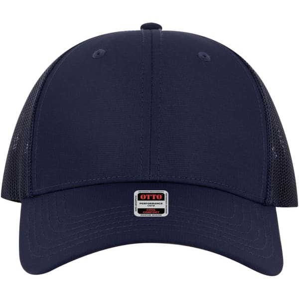 A navy low profile trucker cap featuring a mesh back and a branded logo on the front.