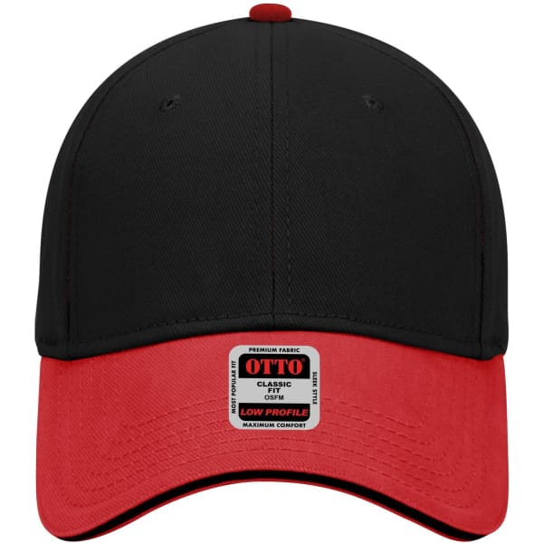 A black and red six-panel low profile baseball cap with a logo on the front.