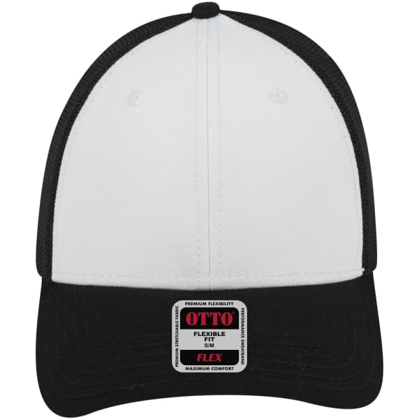 A 6 panel low profile trucker cap featuring a white front and black mesh back, with a logo on the front.