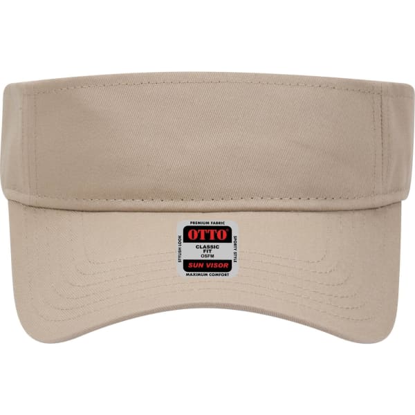 A beige sun visor with a wide brim and a logo on the front.