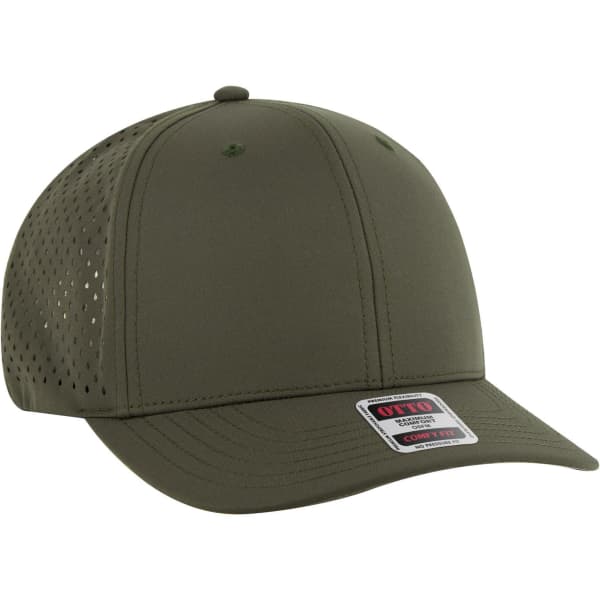 A green 6-panel mid-profile baseball cap with mesh venting and a brand logo on the tag.