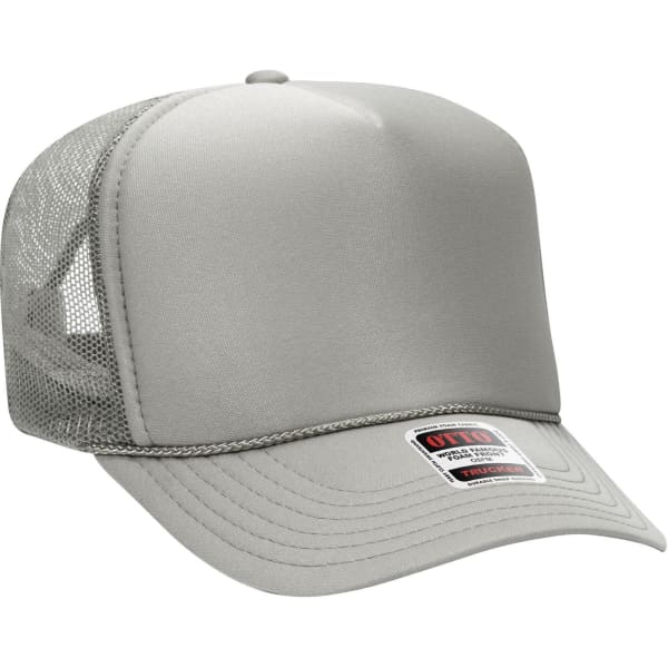 A light grey 5 panel high crown trucker cap featuring a mesh back and a front panel that has a logo.