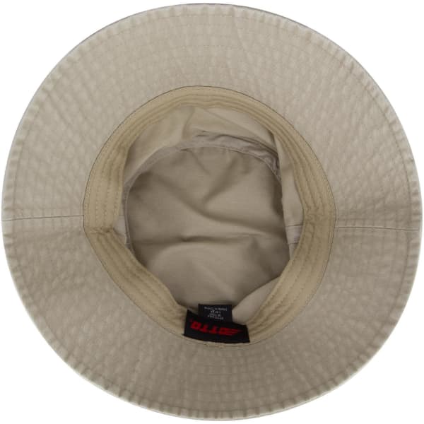 A beige bucket hat with a textured exterior and a smooth interior. It features a logo inside.