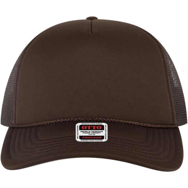 A brown 5-panel low profile trucker cap with mesh panels and a branded label on the front.