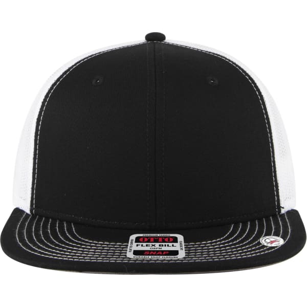 A black and white 6 Panel Mid Profile Trucker Cap featuring a flex bill and a logo on the front.