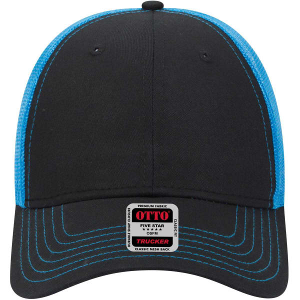 A black and blue six-panel low profile trucker cap featuring a mesh back and a logo on the front.