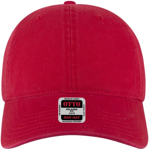 A red 6-panel low profile dad cap featuring a logo on the front.