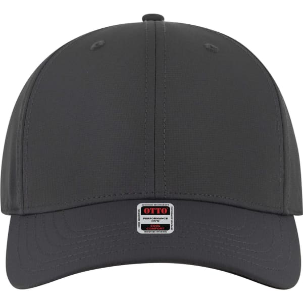 A grey 6 panel mid-profile baseball cap with a logo on the front and a rounded peak.
