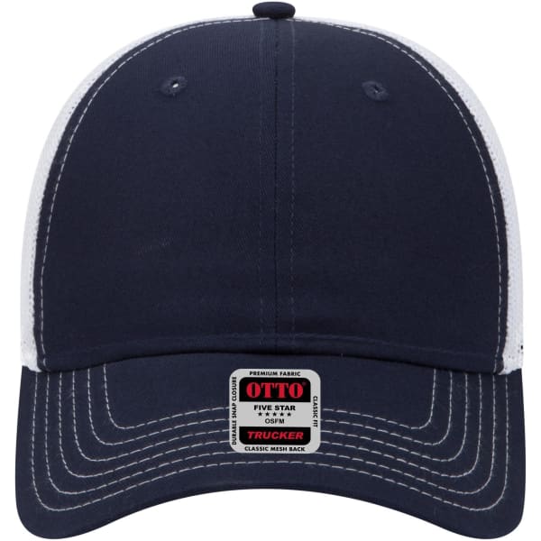 A navy blue and white 6-panel low profile trucker cap with a logo on the front.