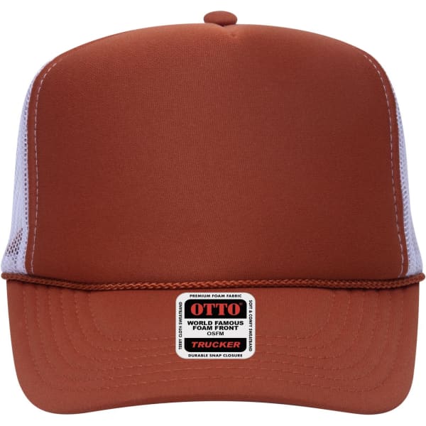 A brown and white 5 Panel High Crown Trucker Cap featuring a foam front and mesh sides, with a logo on the front.