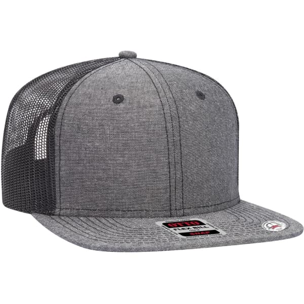 A grey trucker cap featuring a mid profile design, with a mesh back and a logo on the front.