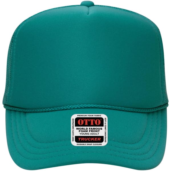 A teal 5 panel high crown trucker cap with a foam front and a snap closure at the back. It features a logo.
