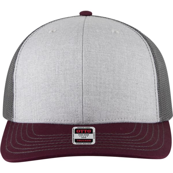 A grey and maroon 6 Panel Mid Profile Trucker Cap with a logo on the front.