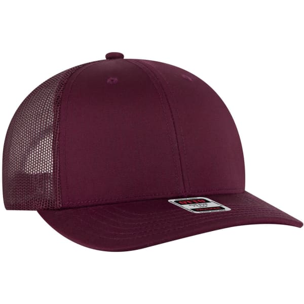 A maroon 6 panel mid-profile trucker cap with a mesh back and a curved brim, featuring a logo on the side.