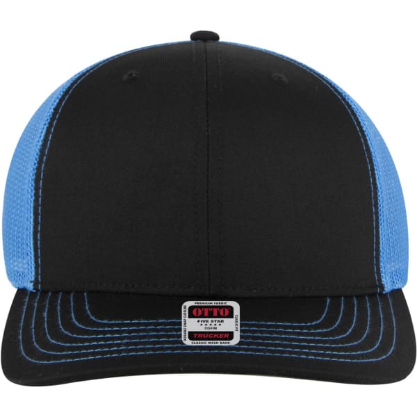 A black and blue 6 panel mid profile trucker cap with a logo on the front.
