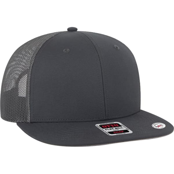 A grey 6 panel mid profile trucker cap with a mesh backing and a logo on the front.