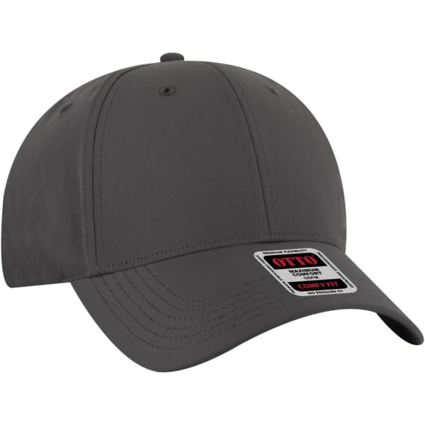A grey low-profile baseball cap with six panels and a logo on the front.