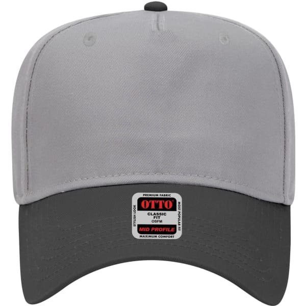 A grey 5 panel mid crown baseball cap with a black peak, featuring a branding label on the front.
