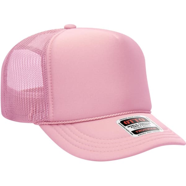 A pink 5 panel high crown trucker cap with mesh side panels and a branding label on the front.