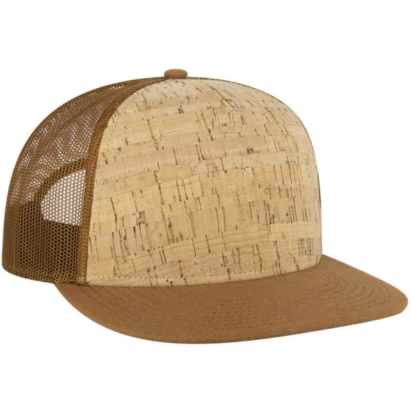 A 5 Panel Pro Style Trucker Cap featuring a cork front and brown mesh back, with a curved brim.