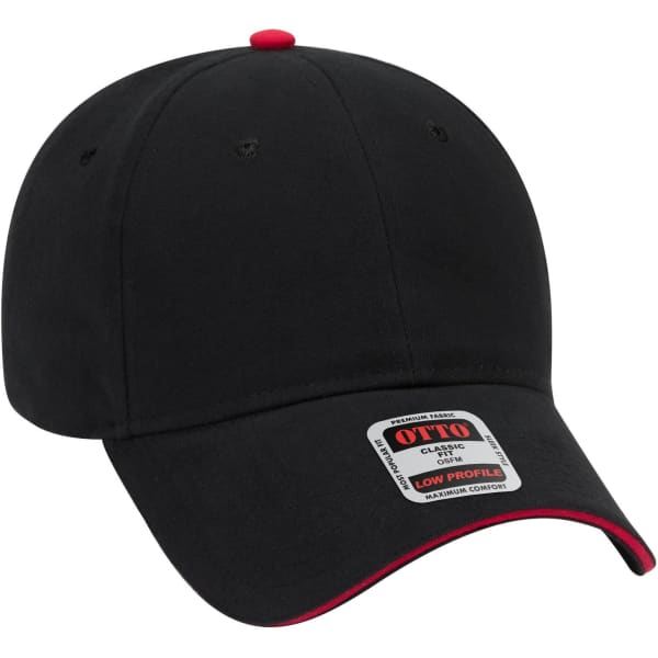 A black low profile baseball cap with red accents and a logo on the front.
