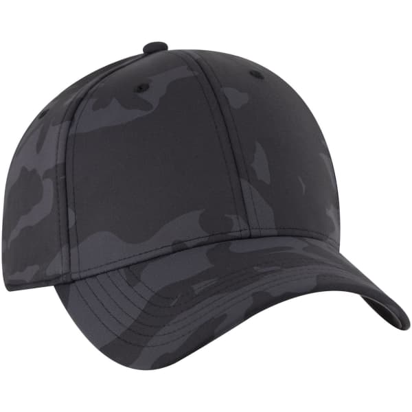 A black camo baseball cap with a low profile and six-panel design. It features a logo on the front.