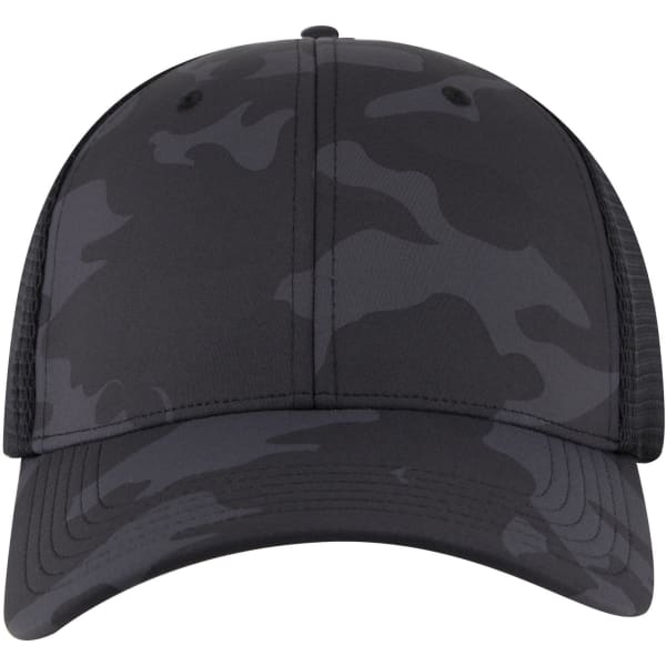 A black and grey camo six-panel low profile trucker cap featuring a mesh back and a logo on the front.