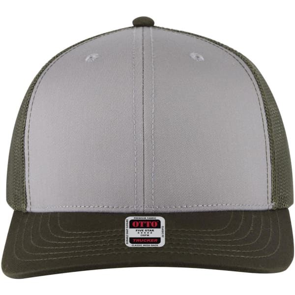 A grey and olive green 6-panel mid profile trucker cap with a logo on the front.