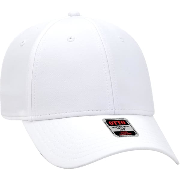 A white UPF 50+ 6 panel low profile baseball cap with a branded tag.