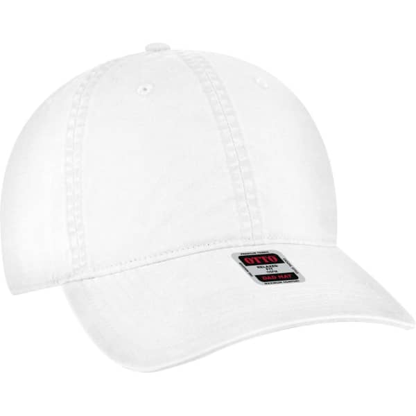 A white 6 panel low profile style dad cap with stitching details and a logo on the front.