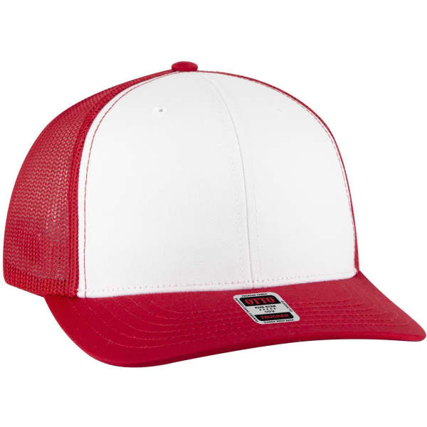 A red and white 6 panel mid profile trucker cap with a mesh back and a branded label on the side.