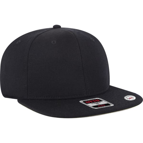 A black 6 panel mid-profile baseball cap with a flat brim and logo, featuring a simple and sleek design.