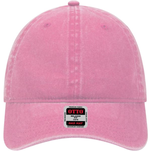 A pink 6-panel low profile dad cap featuring a branded tag on the front. The cap has a relaxed fit.
