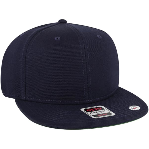 A snapback cap featuring a mid-profile design and a green undervisor, primarily in a navy colour.