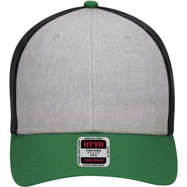 A grey and green 6-panel low profile trucker cap with a black mesh back and a logo on the front.