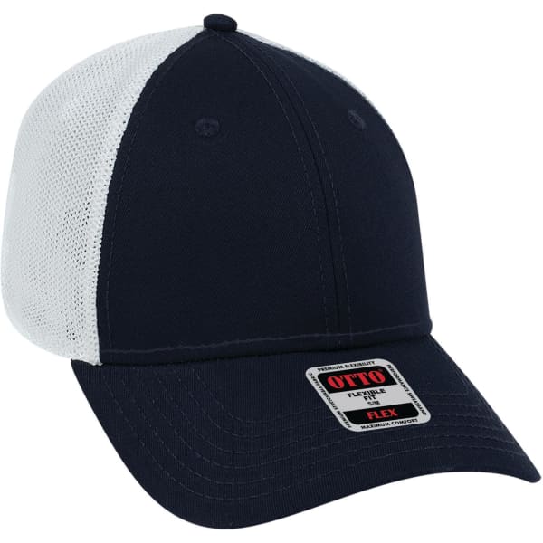 A navy blue and white 6 panel low profile trucker cap with a mesh back and branding on the front.