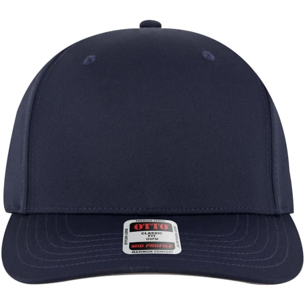 A navy seamless 6 panel mid profile baseball cap with a logo at the front.