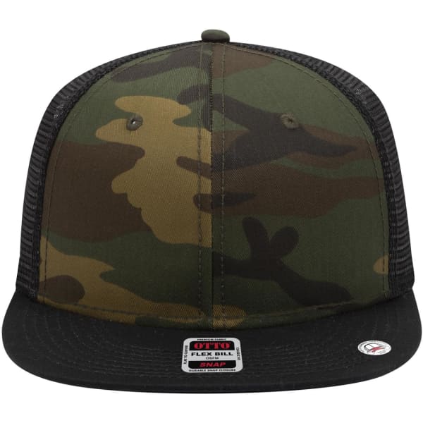 A camo-patterned 6 panel mid profile trucker cap with a black mesh back and a branded label on the front.
