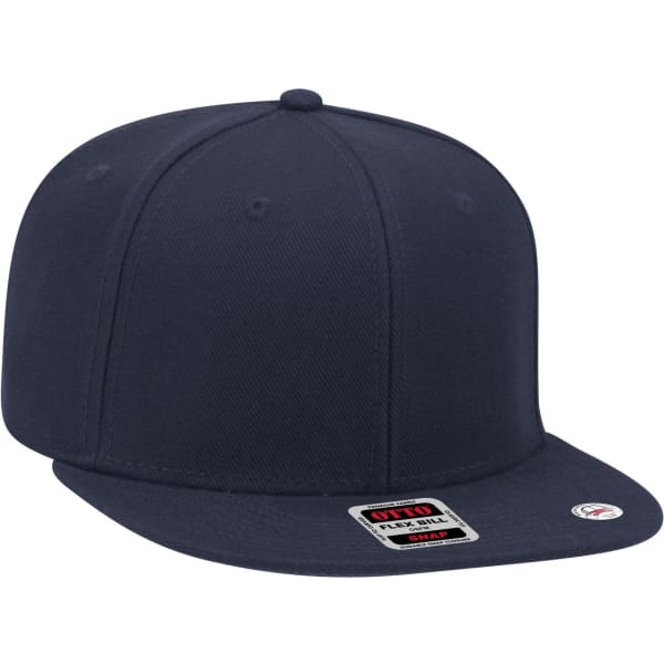A navy blue 6 panel mid profile snapback cap featuring a logo. Suitable for casual wear and outdoor activities.