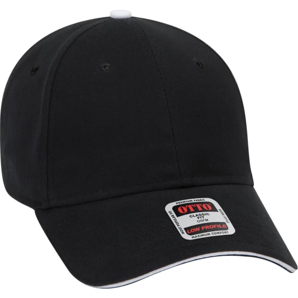 A black 6-panel low profile baseball cap with a contrasting stitched brim and a logo label on the front.