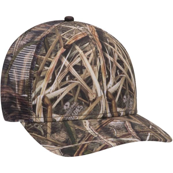 A camo low profile baseball cap featuring a mesh back with a pattern of brown and green foliage.