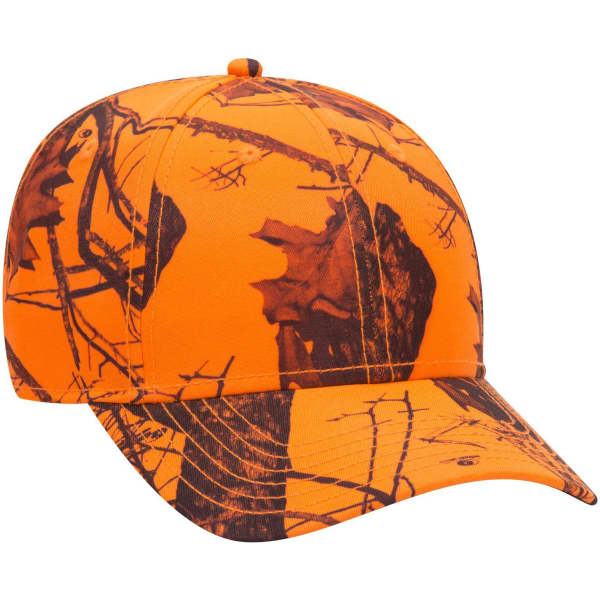 A low-profile baseball cap featuring a bright orange camo pattern with dark accents, and has a logo on the front.