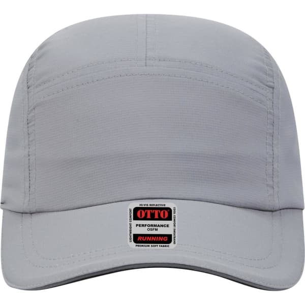 A reflective five-panel running cap in light grey, featuring a branded tag on the front.
