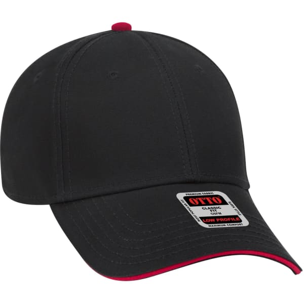 A black low profile baseball cap with red accents and a branded label on the front.