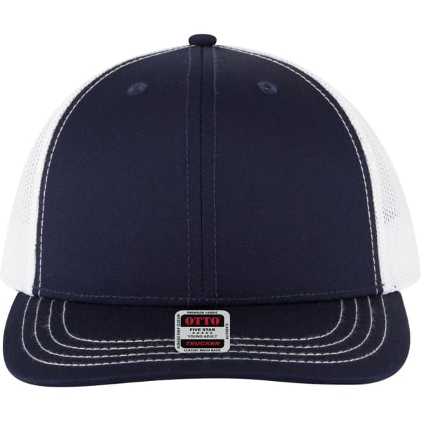 A navy mid-profile trucker cap with a white mesh back and a branded label on the front.