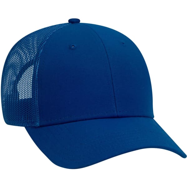 A blue 6 panel low profile trucker cap with a mesh back and a rounded peak. It features a logo on the front.