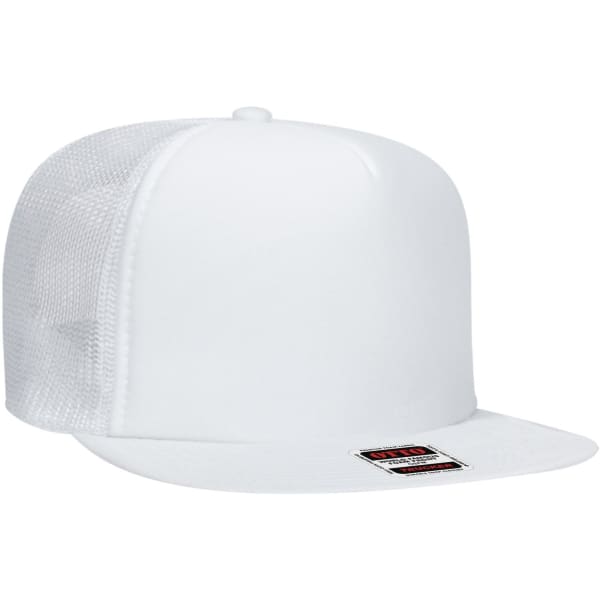 A white five-panel high crown trucker cap with a mesh back and a branded label on the front.