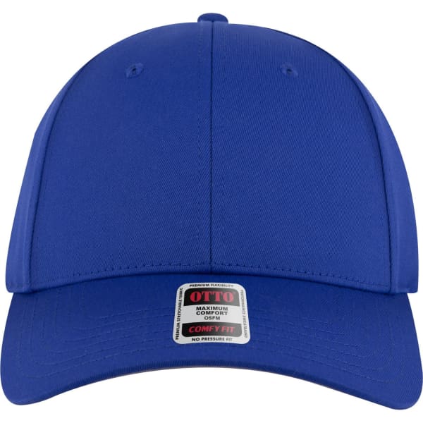 A blue six-panel low profile baseball cap with a logo on the front and a curved peak.