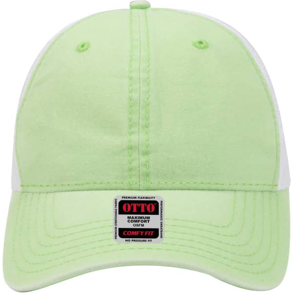A lime green low profile trucker cap with a white mesh back and a logo on the front.